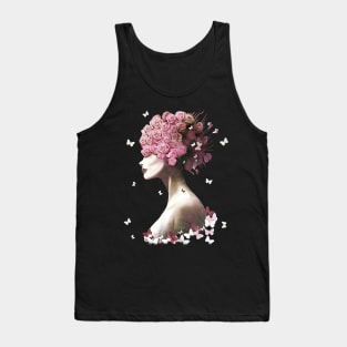 Floral lady, cute girl and pink flowers, watercolor roses and butterflies, cute, anime, kawaii, seasonal Tank Top